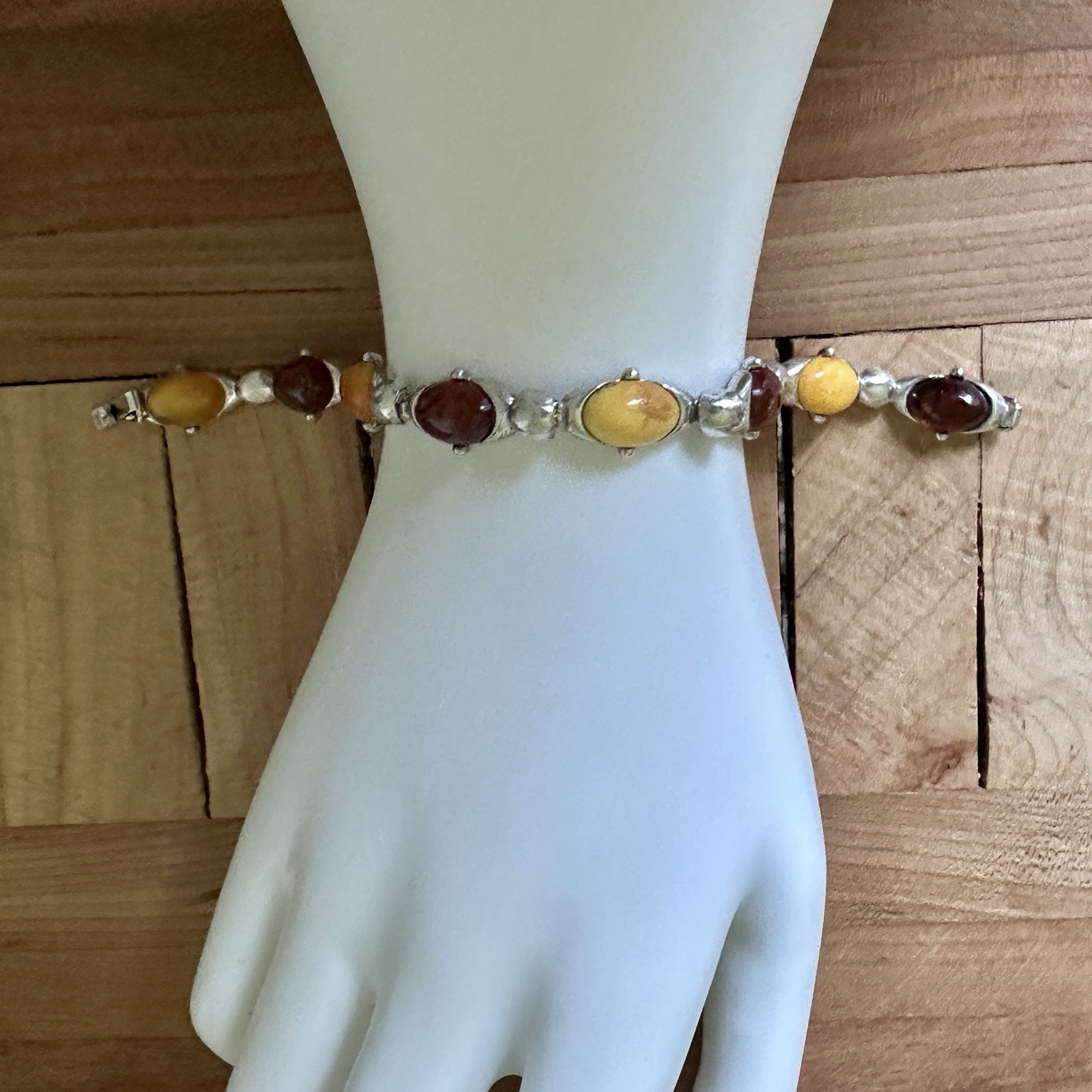 VTG Tennis Link Bracelet 7.25 inches Baltic Amber Egg Yolk 925 Sterling 14.9g