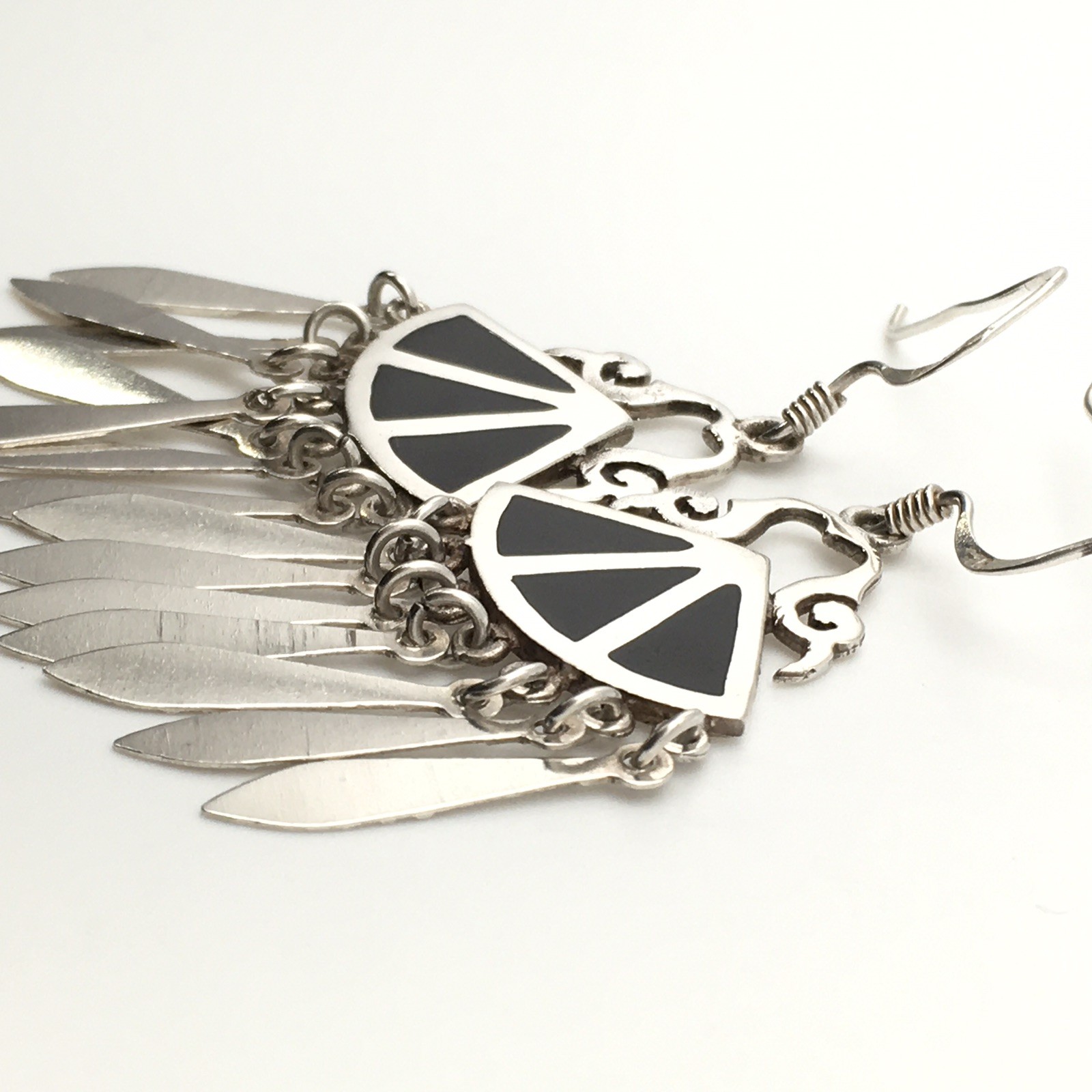 Vtg Sterling Silver Southwestern Black Inlay Dangle Earrings Marked 925 6.7g #41