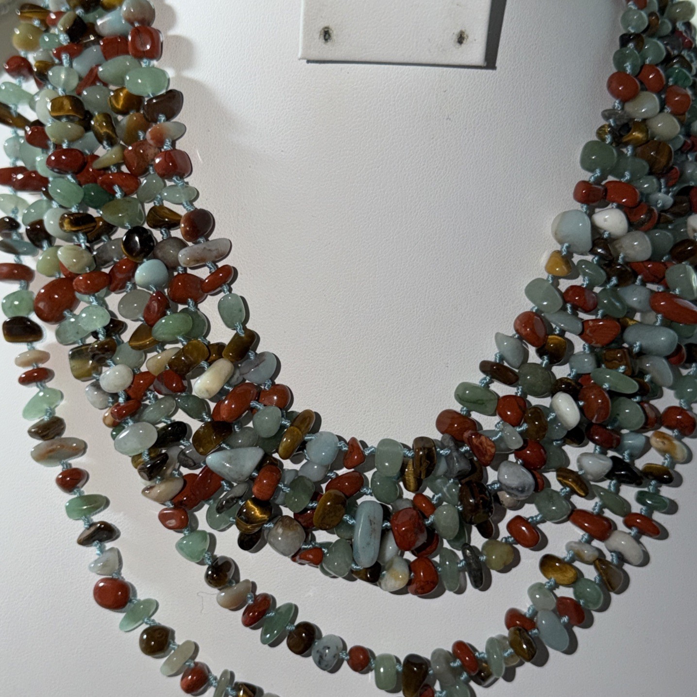 Vtg Multi strand(8)Natural Jade,Tigers Eye,& Jasper Chip Bead Necklace Hand Knot