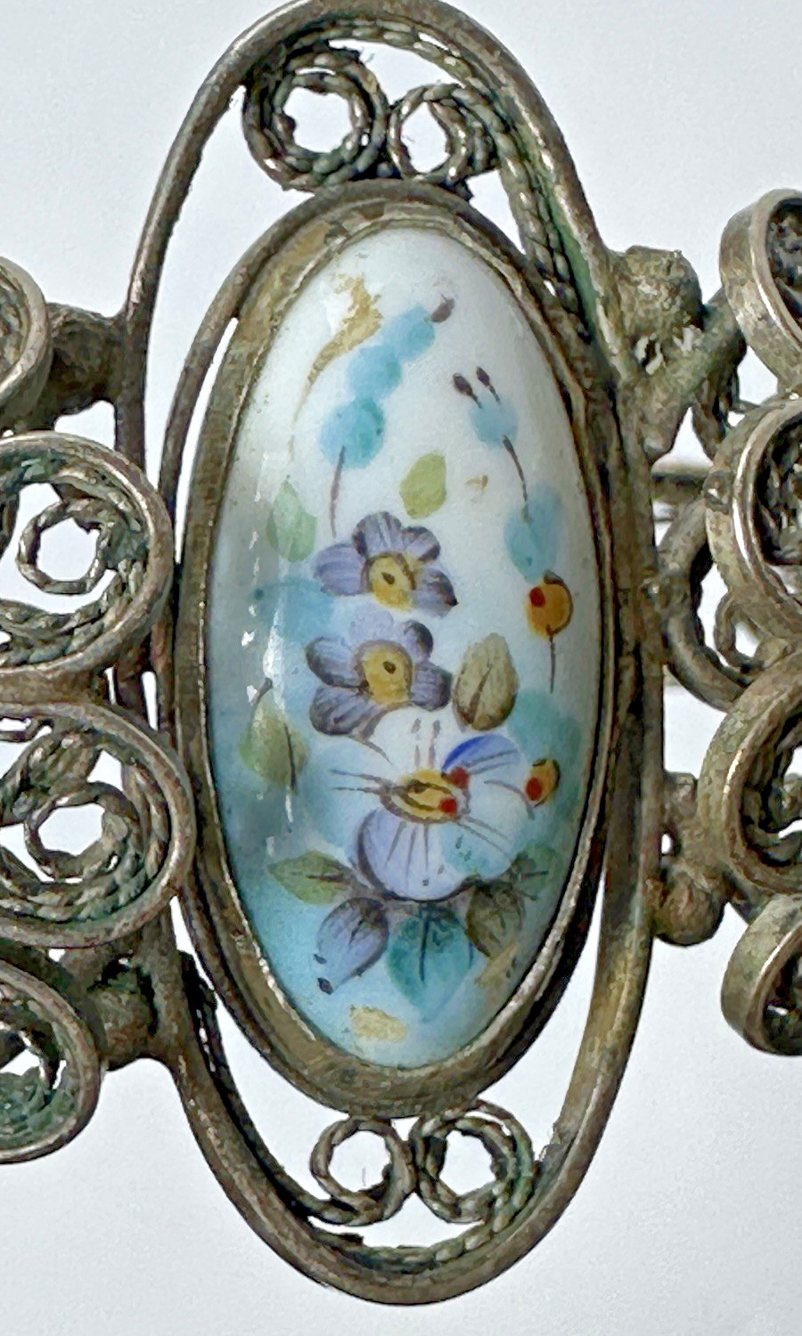 Vintage Painted Floral Motif Enamel Cuff Bracelet W/ Ornate Filigree