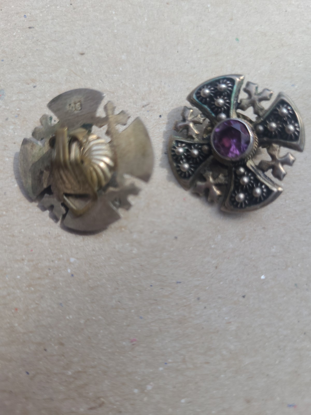 Sterling Silver 950 Jerusalem Maltese Cross Pendant Amethyst W/Earrings