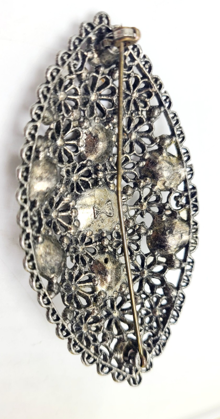 New England Glass Works Vintage Oval Brooch Silvertone Multicolored Gems Marked