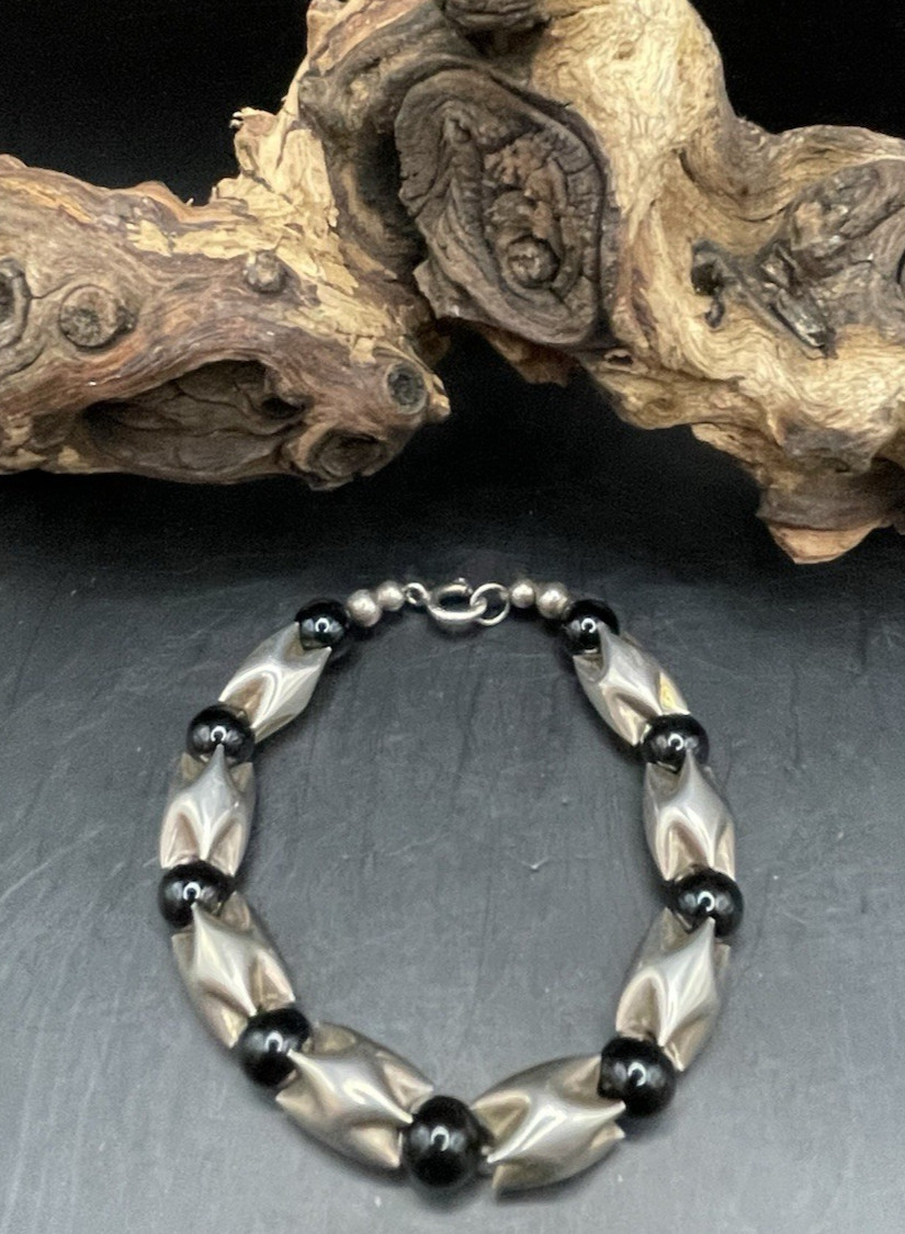 Vintage 925 Sterling Silver Black Tourmaline? Beaded Bracelet 6″