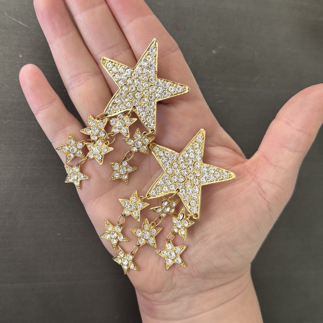 80s French Couture Austrian Pave Crystal Gold Tone Star Drop Runway Earrings
