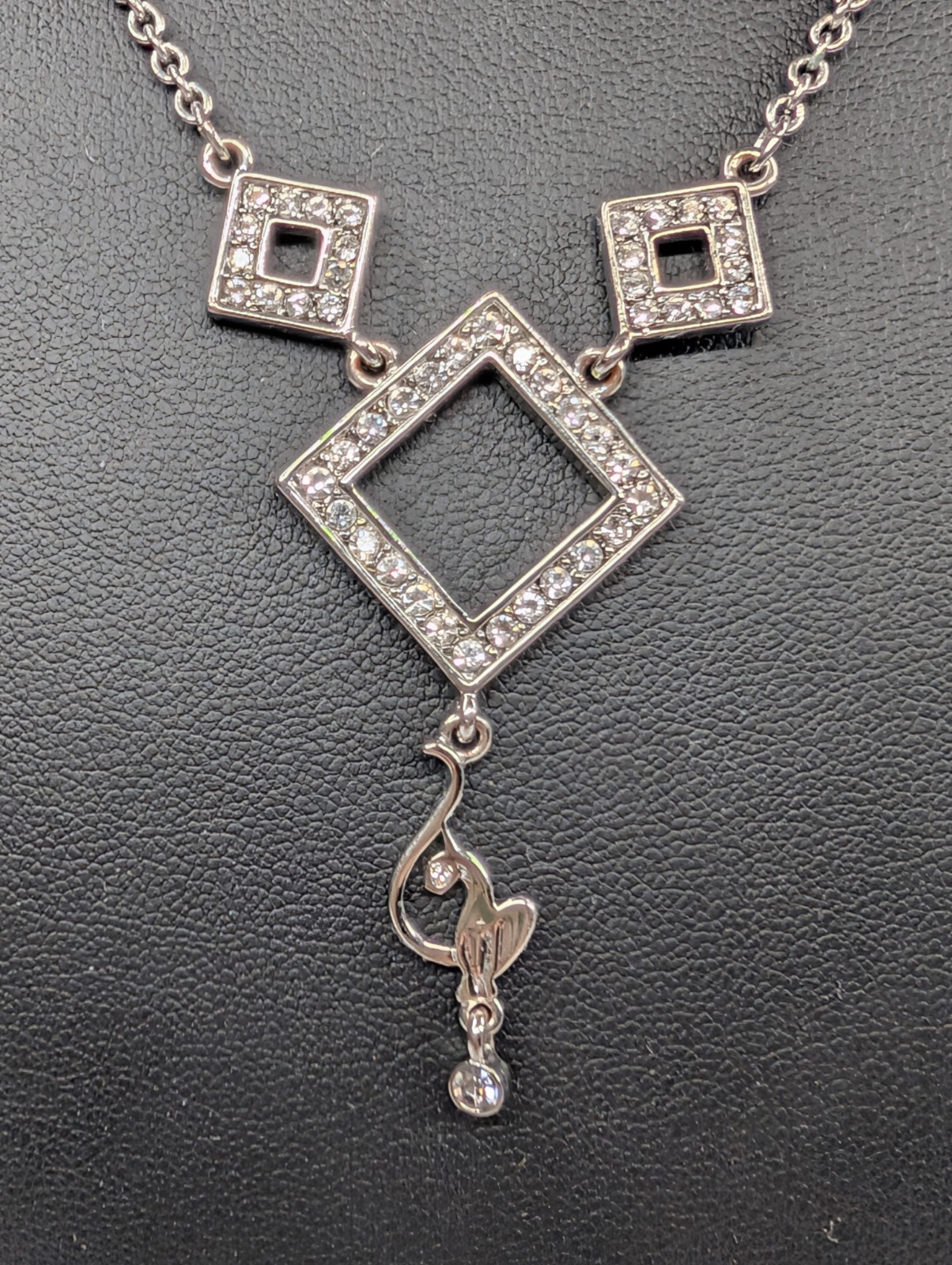 Baby Phat Signed Rhinestone Geometric Station Necklace Cat Logo Charm Silver 18″