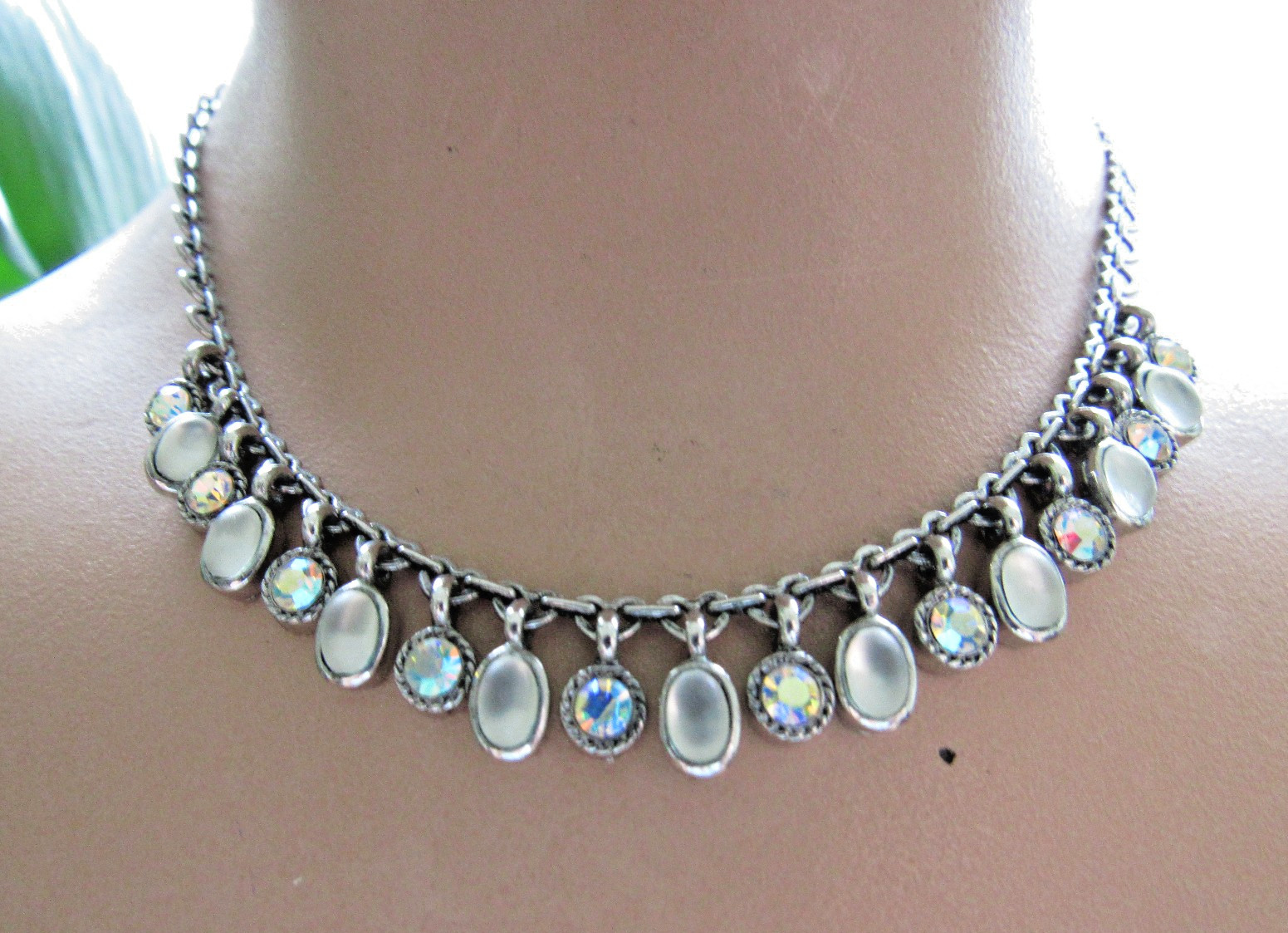 Vintage Necklace Unusual Heart Link Chain AB Rhinestones Glass Moonstone Dangles