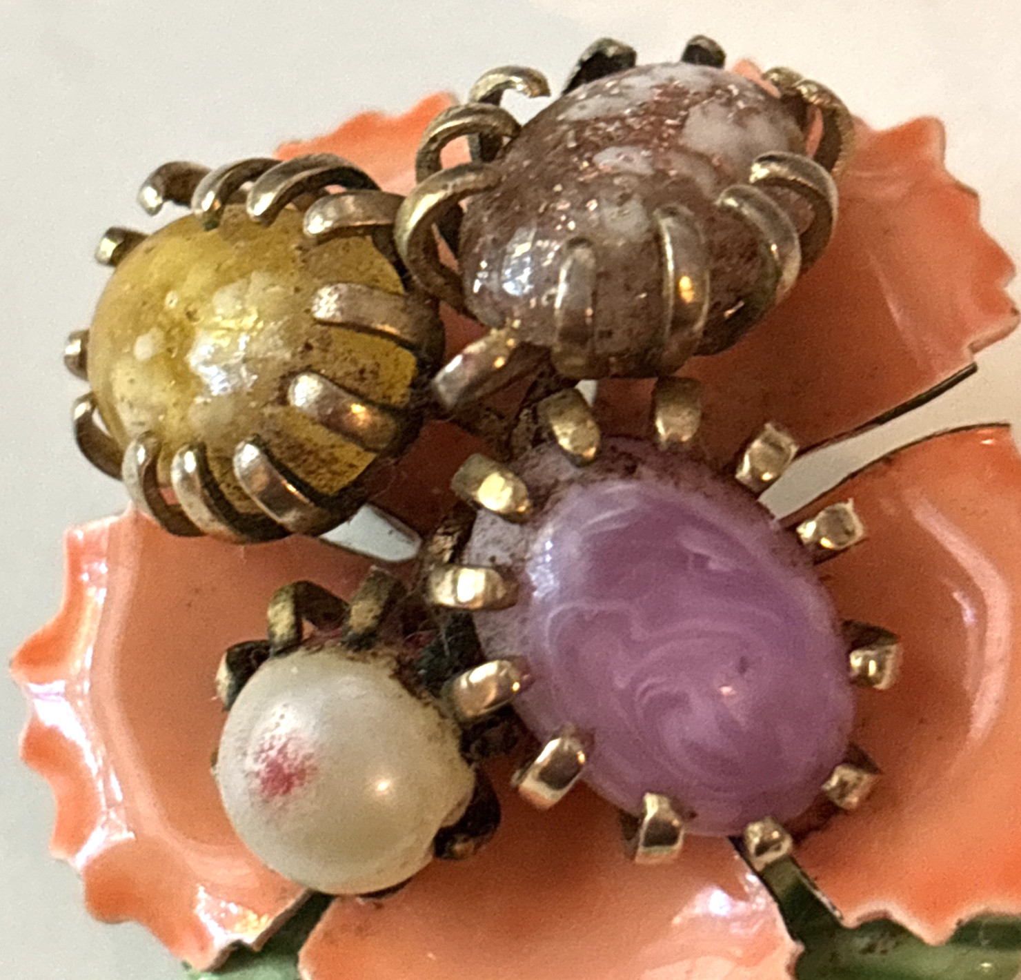 Vintage Enamel Orange Flower Power Brooch With Prong Set Tumbled Stones READ