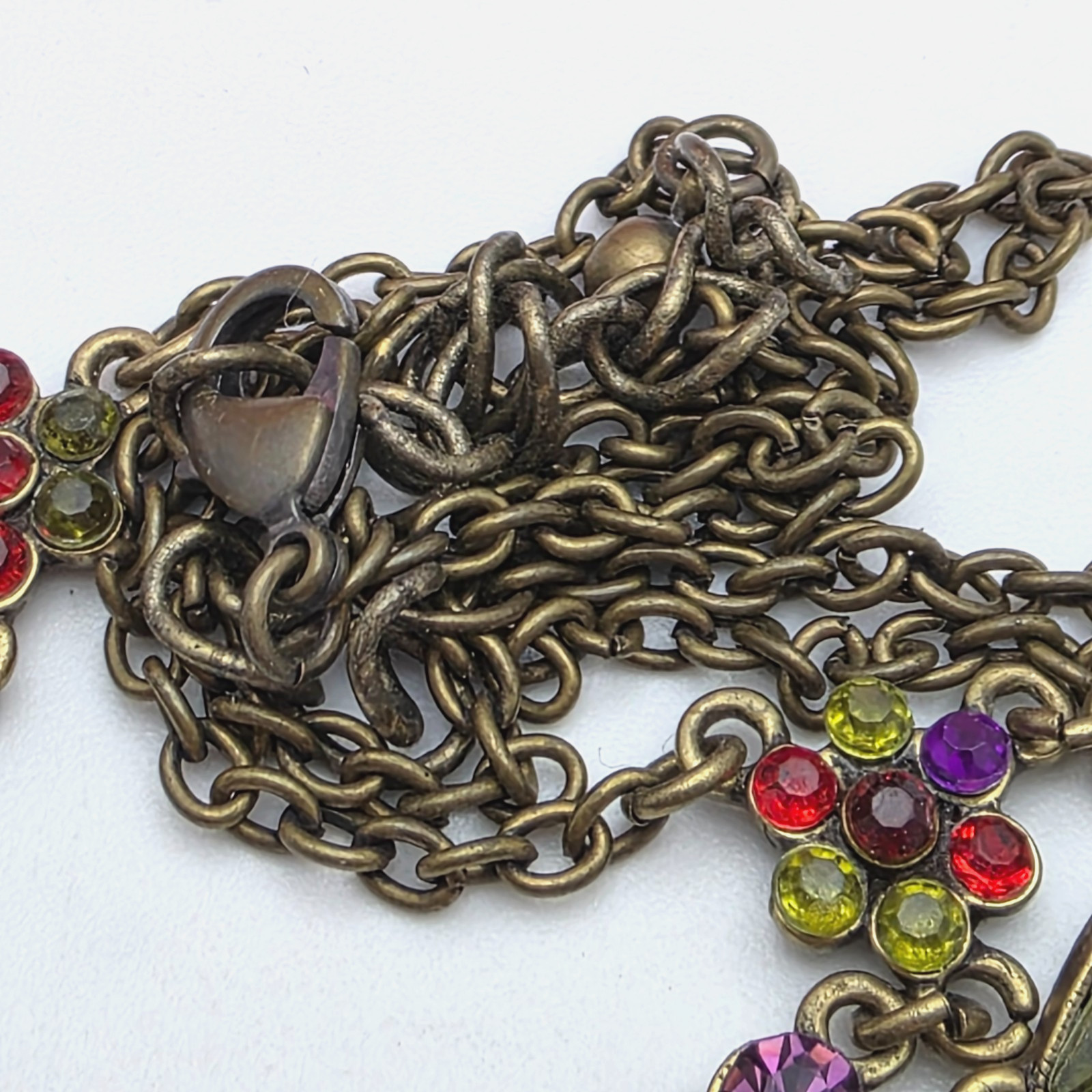 Vintage Brass Tone Multicolor Rhinestone Teardrop Fringe Necklace 19 in adj.