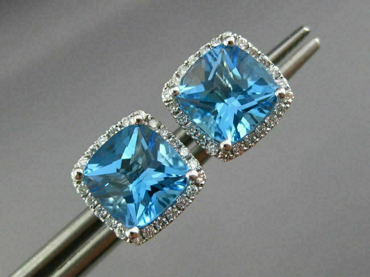 ESTATE 4.02CT DIAMOND & BLUE TOPAZ 14KT WHITE GOLD SQUARE HALO CLASSIC EARRINGS