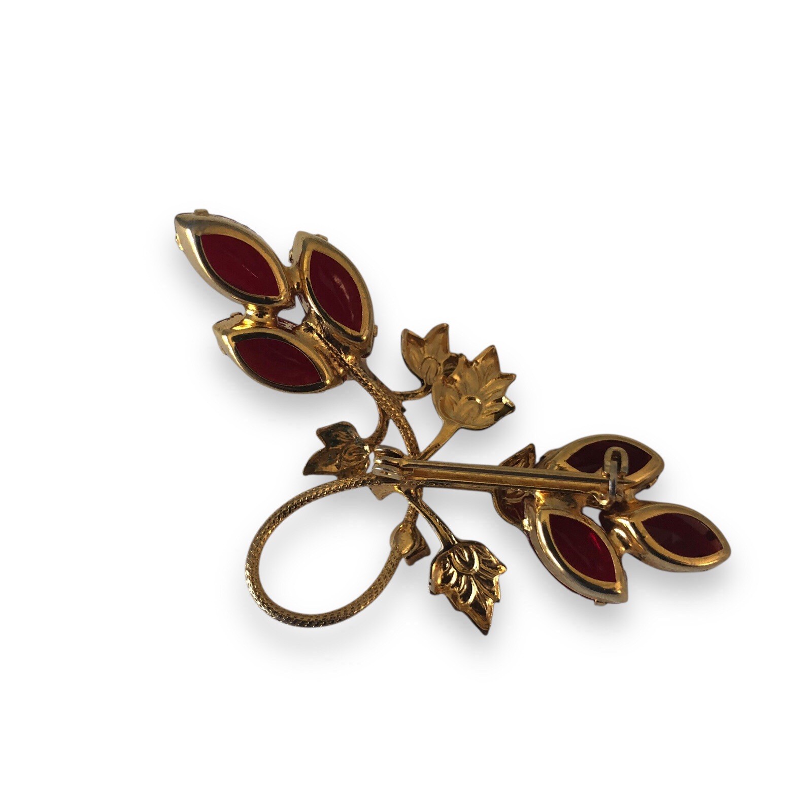 Vtg Delicate Enameled Gold Tone Metal Red Stones Prong Setting Floral Brooch Pin