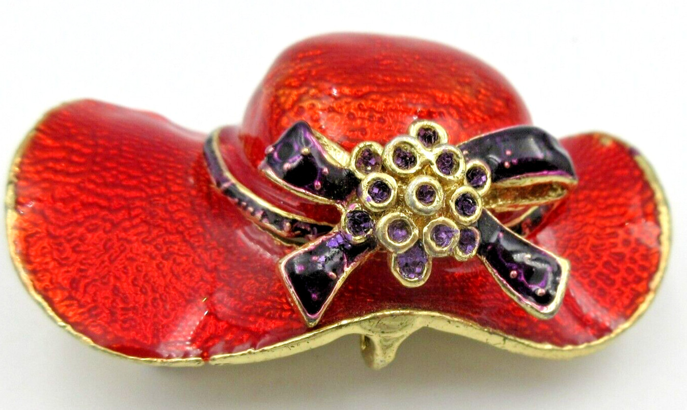 Vtg big brim Hat bow flower pendant Brooch Pin red purple gold tone enamel metal