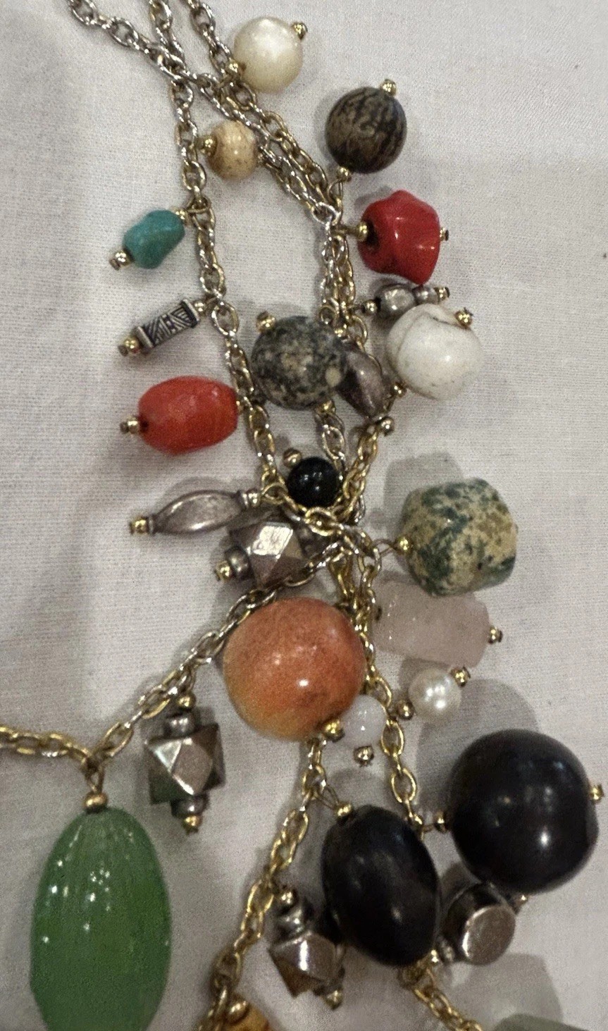 Vtg Asian-Themed Mixed Material 3-Strand Charm Necklace w/Carved Wood Buddha 28”