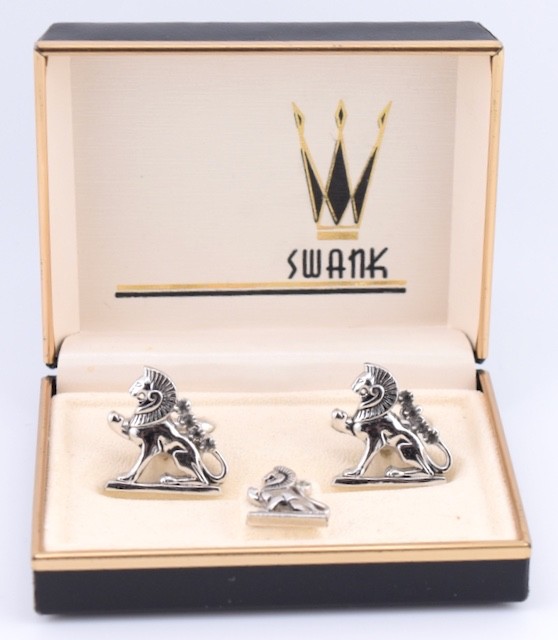 Vintage Swank Figural Griffin Cufflinks Rhinestones Silver Tie Tack Box