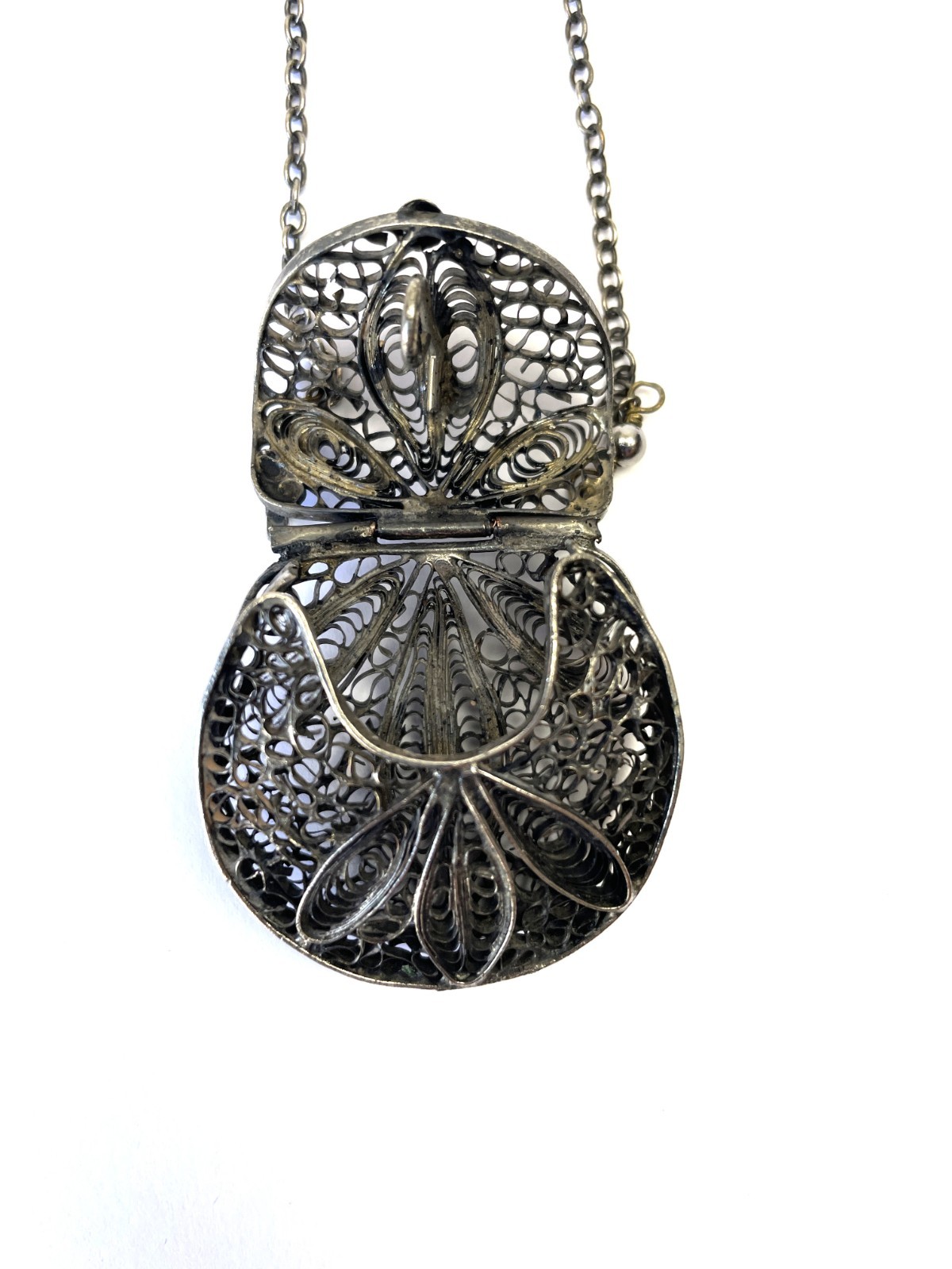 Vintage Filagree Metal Silver Tone Coin Purse Pendant Long Necklace