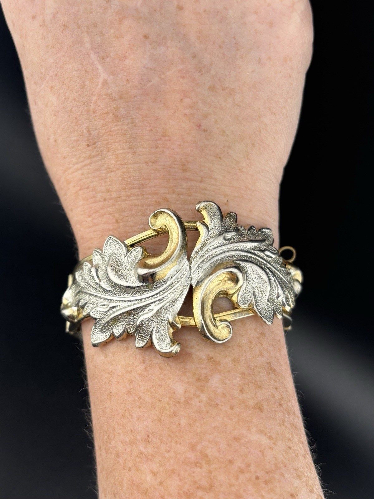 Victorian Revival Leaf Two Toned VTG Hinged Bangle Bracelet 2 3/8 Inch Diameter