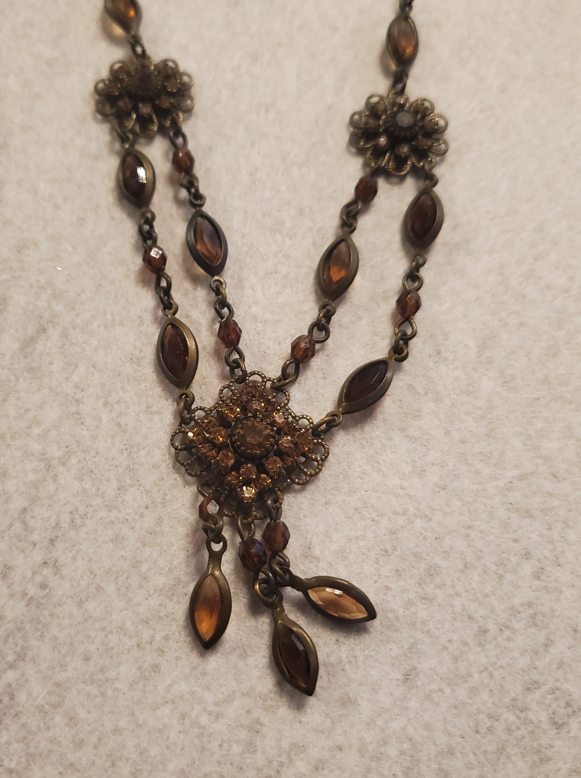 Vintage Filigree Necklace With Brown Topaz and Citrine Rhinestones