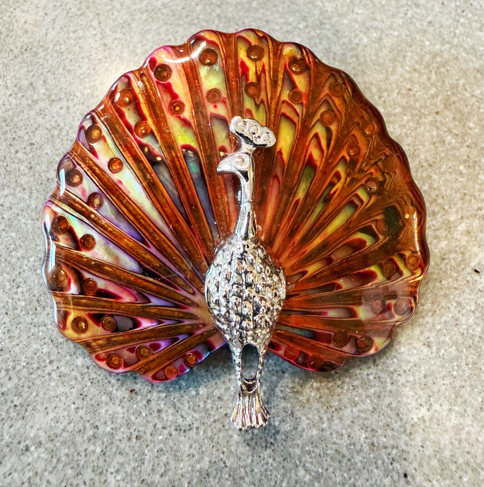 Vintage Peacock Bird Abalone Brooch Pin Paua Shell Silver Tone Art Nouveau style