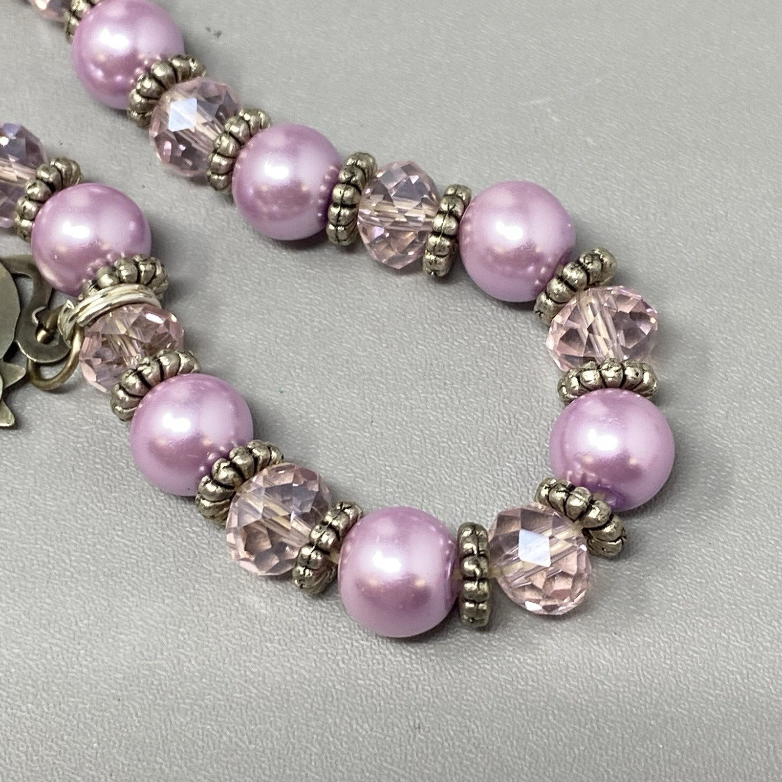 Purple Glass Bead Bracelet Sterling Silver Cat Dangle Charm Faceted Stretch 6.75