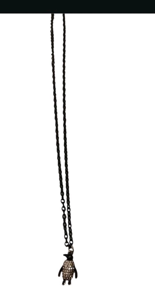 Vintage 90s Grunge Gunmetal Rhinestone Penguin Pendant Necklace Goth Y2K Pave