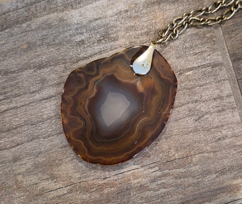 Vintage Stone & Mixed Metal Necklaces, Chipped Tiger’s Eye & Agate Slice Pendant