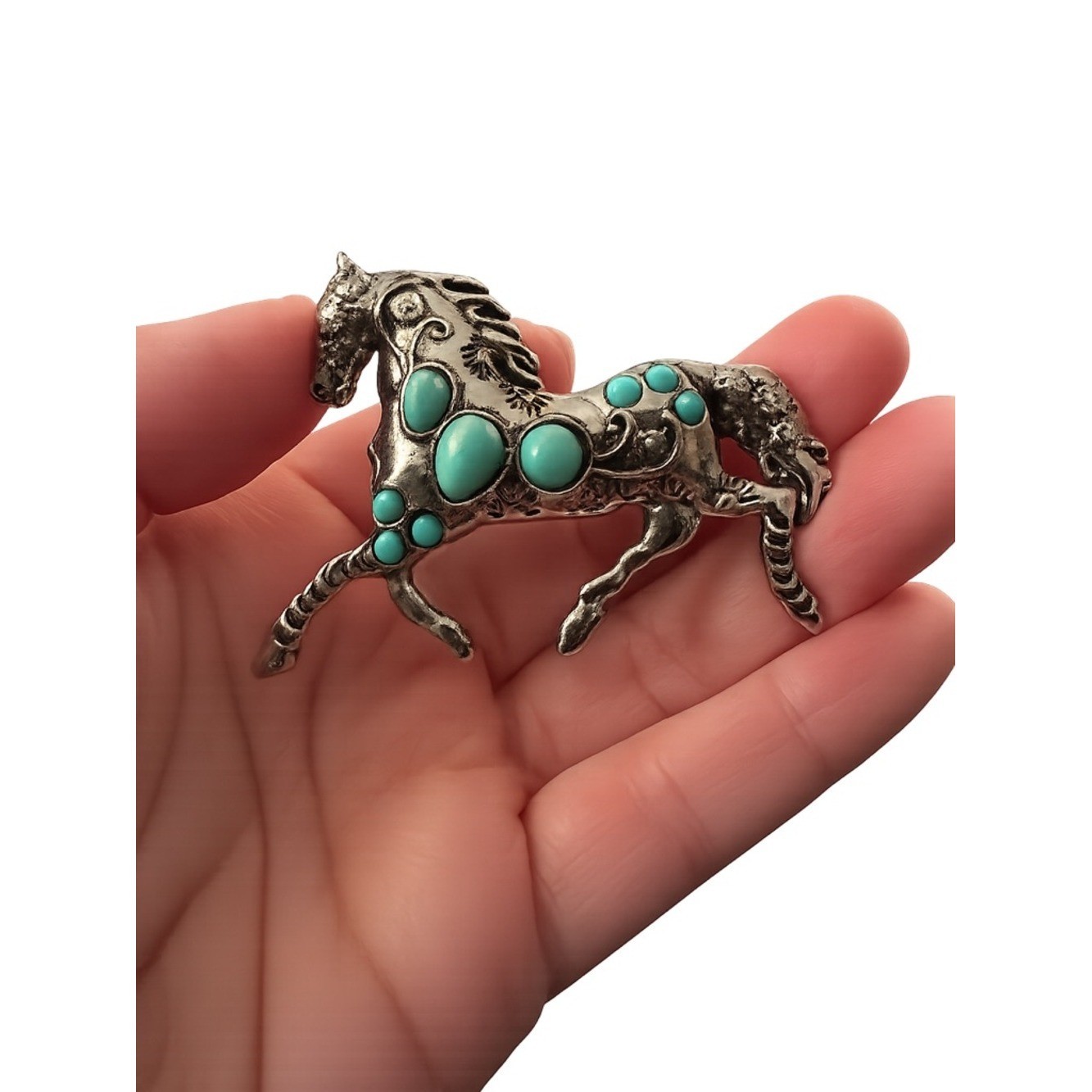 Vintage Style Silver Tone Horse Brooch Turquoise Cabochon Western Equestrian Pin