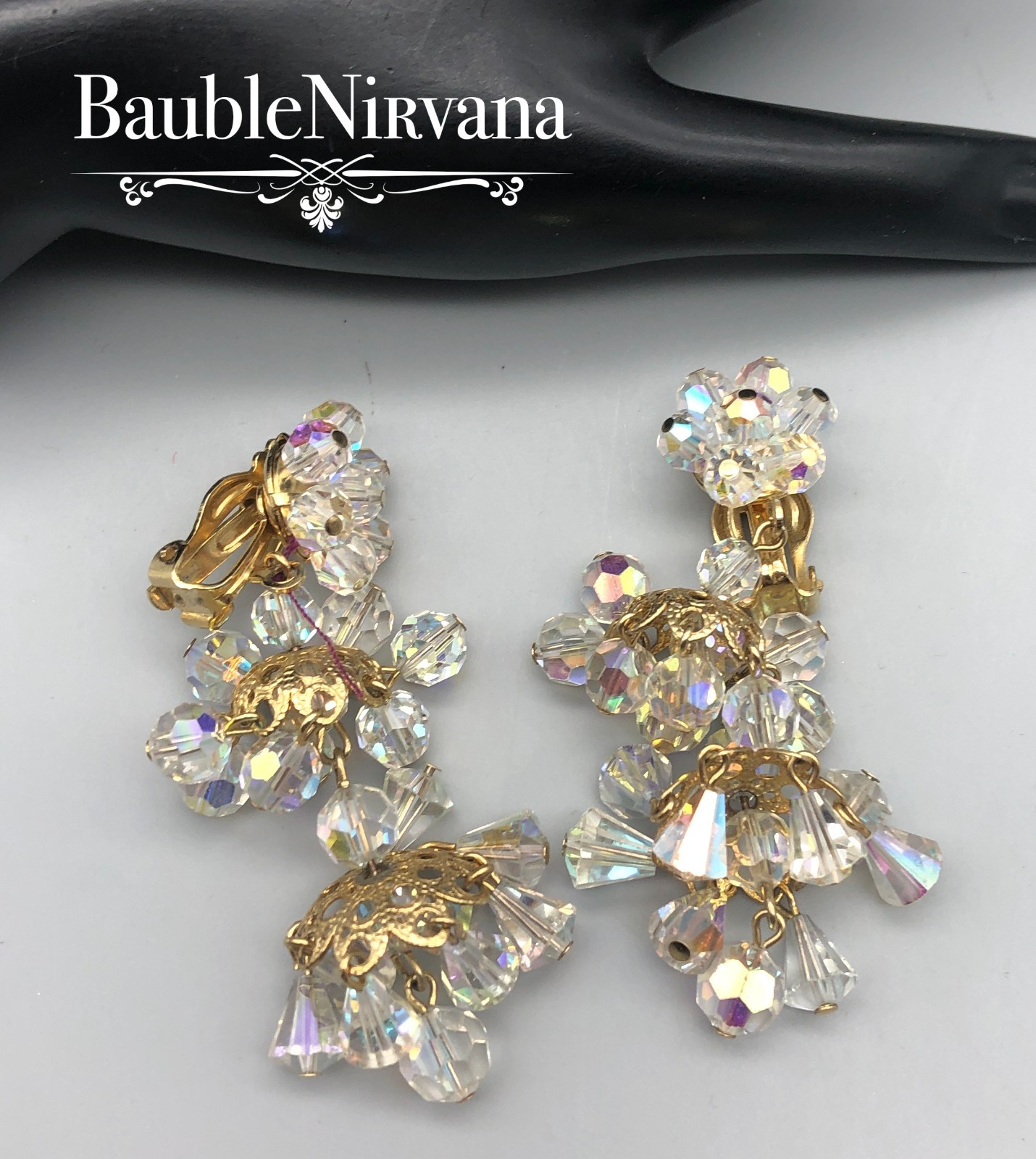 Vintage Austrian Crystal AB Bell & Round Faceted Beads Chandelier Earrings