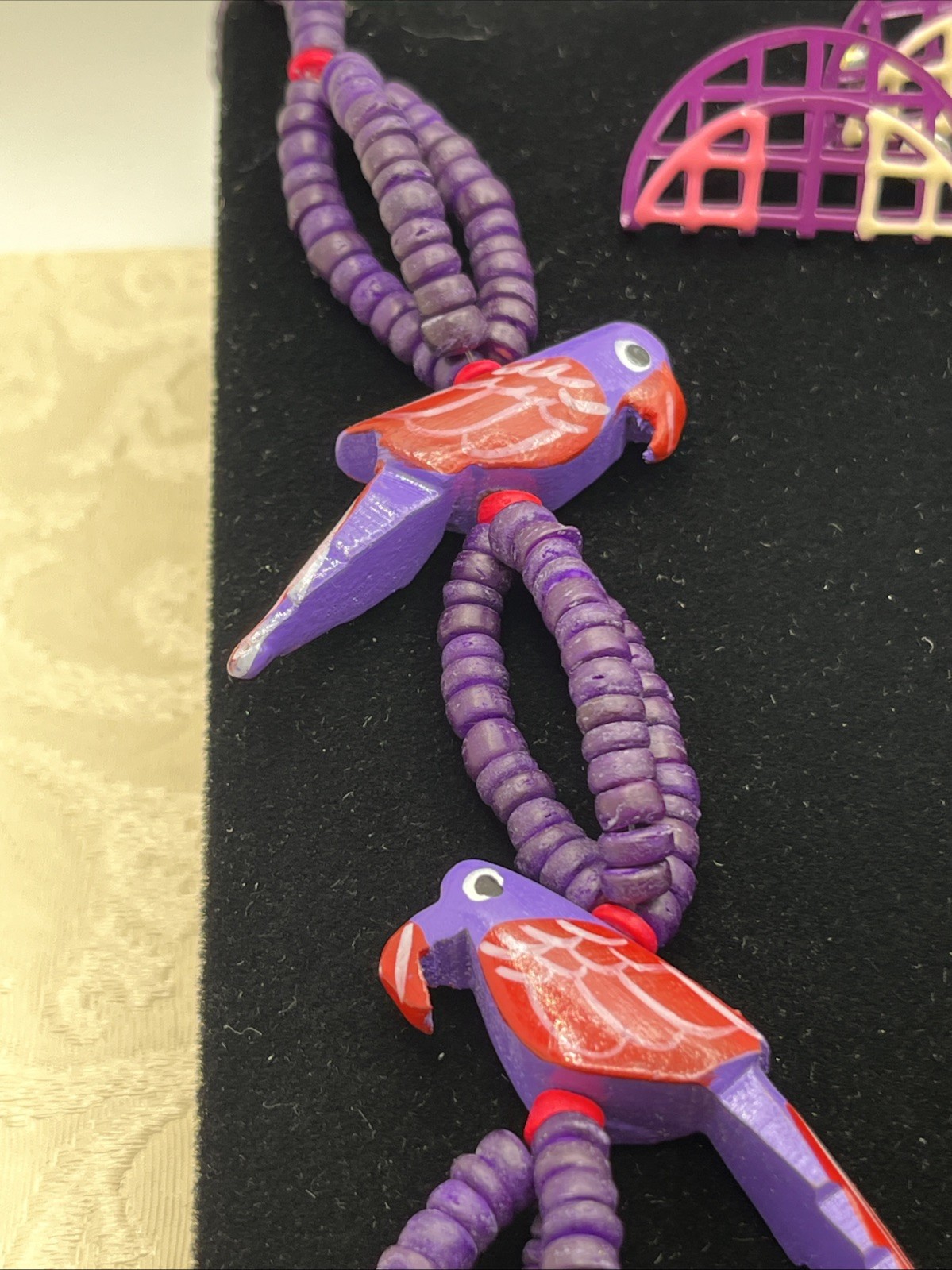 Tropical Tiki Parrot Necklace Wooden Carved Beads Colorful Birds Purple Earrings