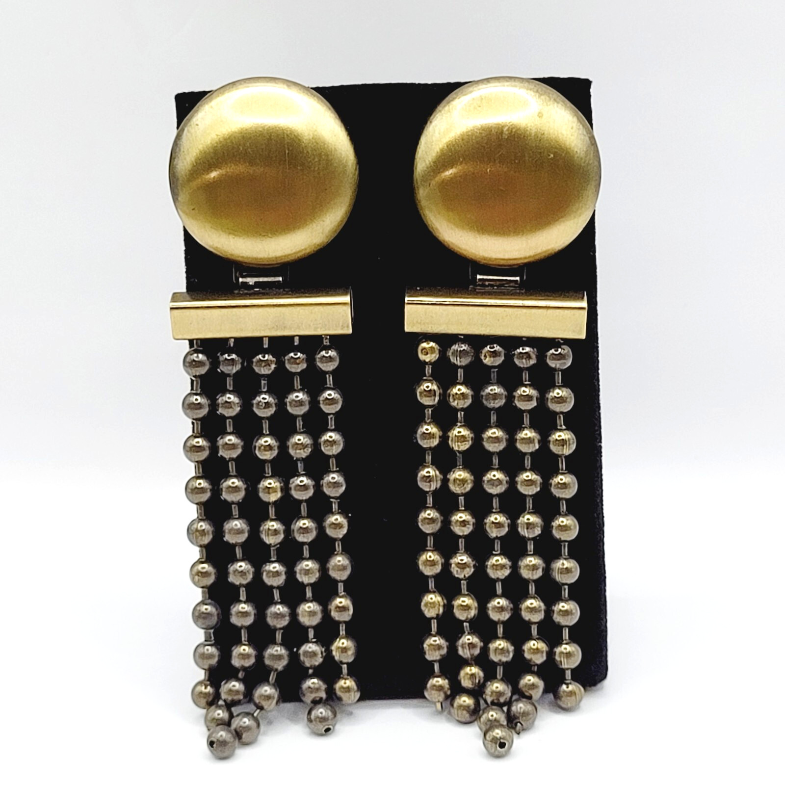Ball & Chain Fringe Brutalist Runway Style Mixed Metal Tone Vtg Pierced Earrings