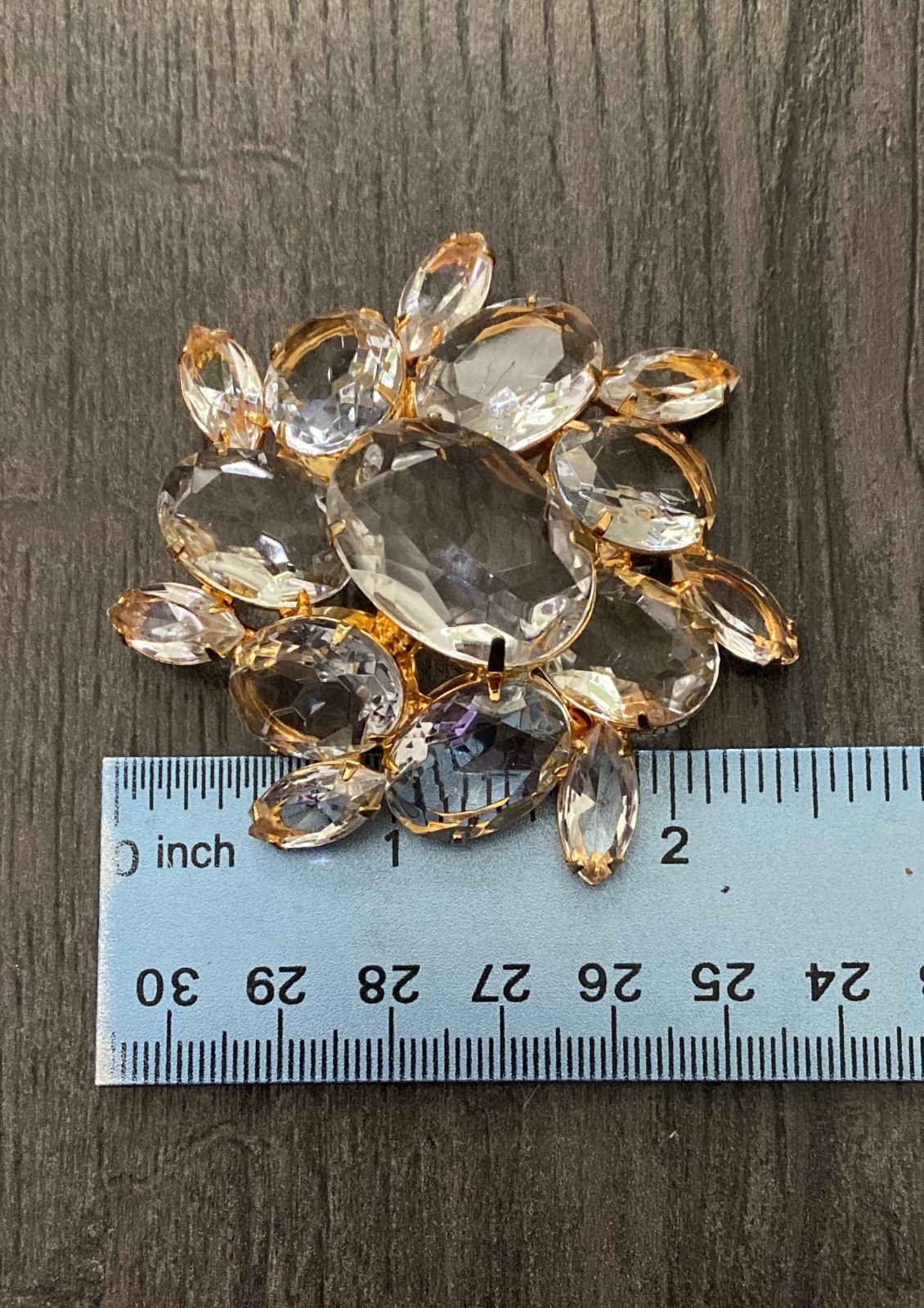 VTG Large Clear Rhinestone Cluster Brooch Gold Tone Domed Prong Set Mid Century