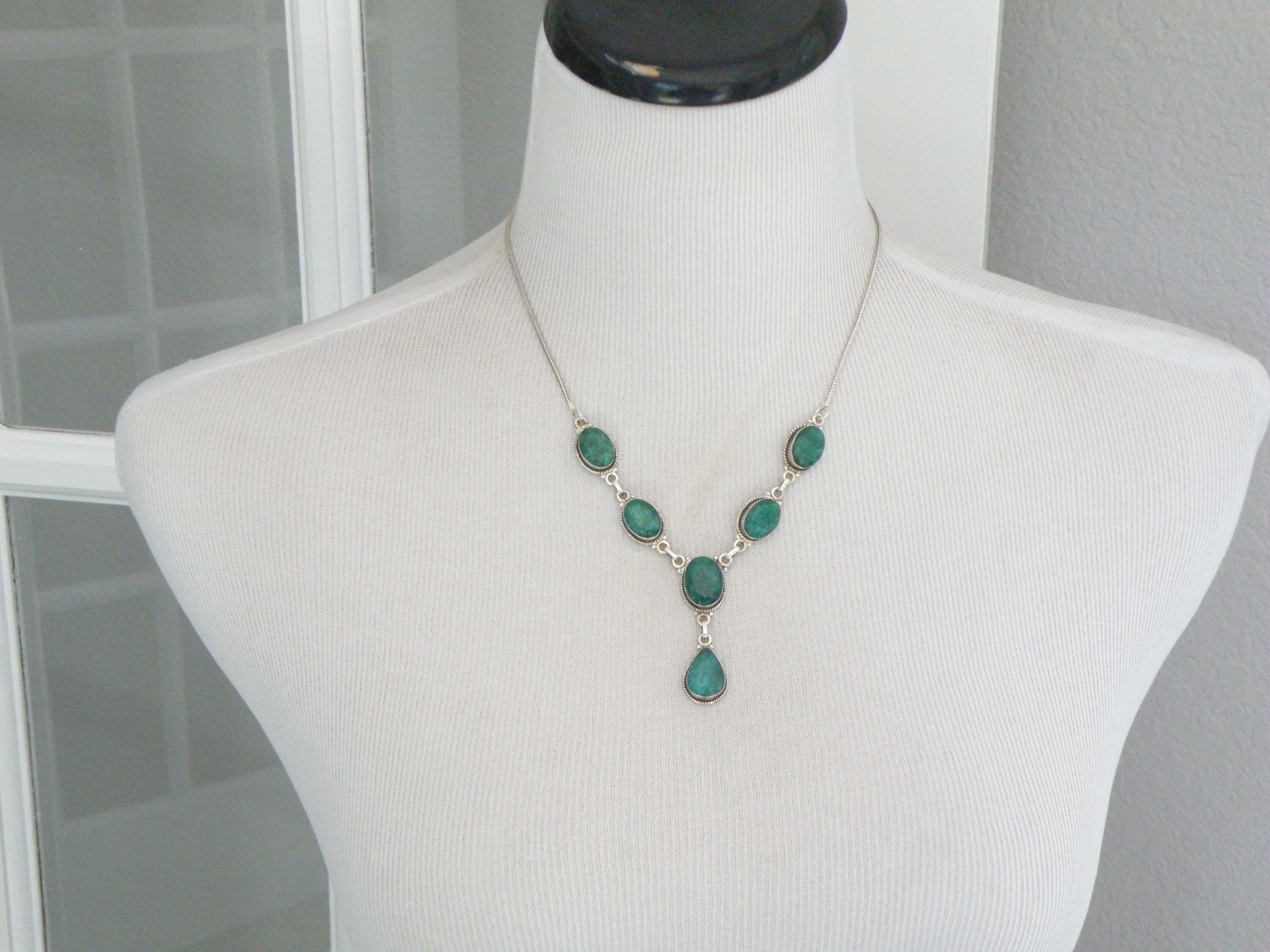 Vintage Sterling Silver 925 Large Natural Raw Emerald Statement Necklace 19″