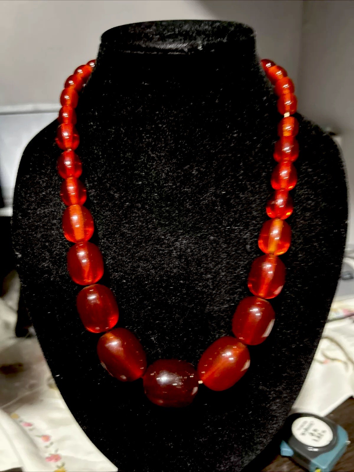 VINTAGE 64g GORGEOUS BAKELITE CHERRY AMBER TRANSLUCENT BEADS 21” NECKLACE Test