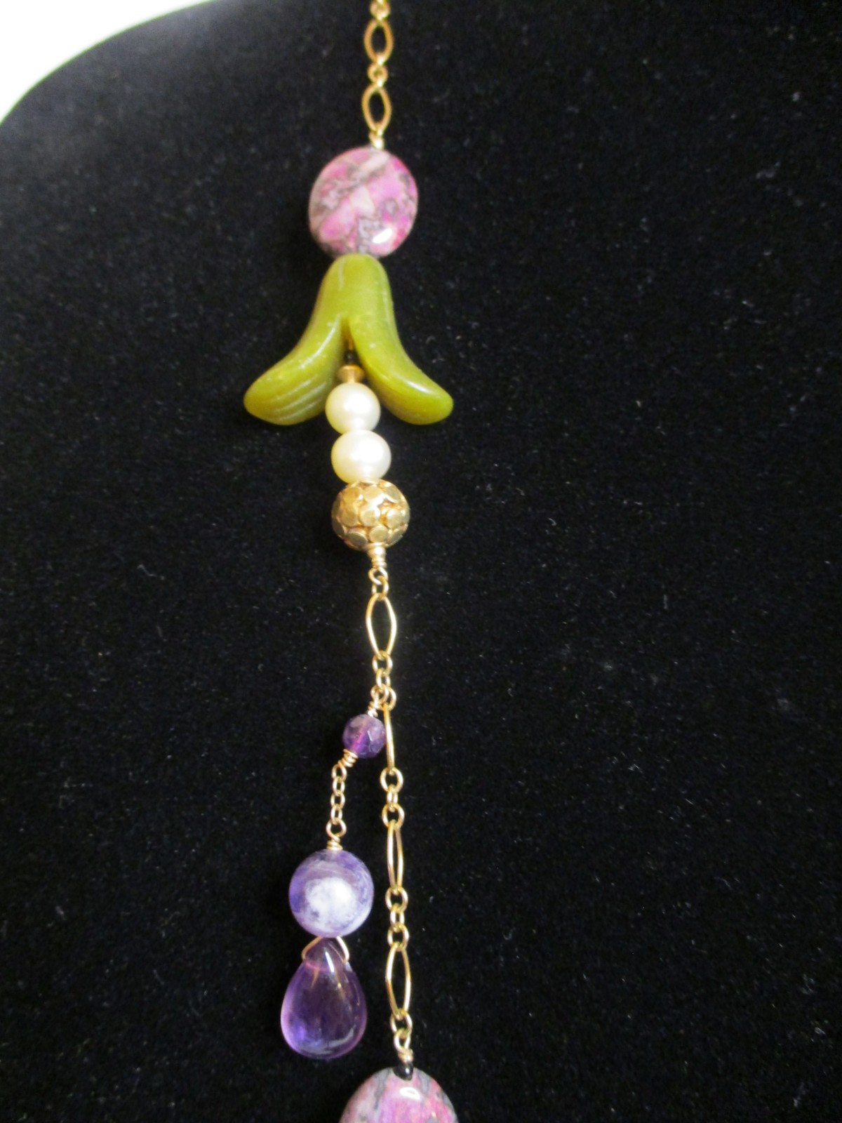 Antique-Like 14K GF Flowerette Necklace w/Jade, Amethyst, Pearl 30.75″L Handmade
