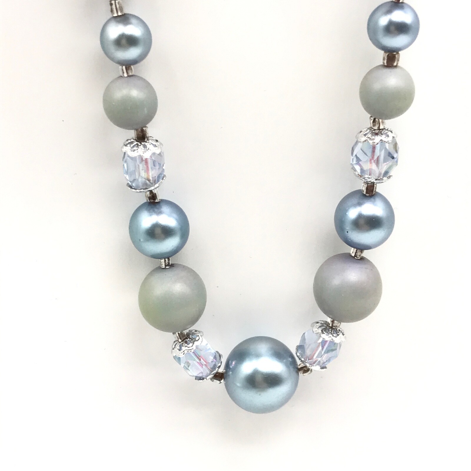 Vintage Japan Blue Gray Acrylic & AB Crystal Beaded Strand Necklace