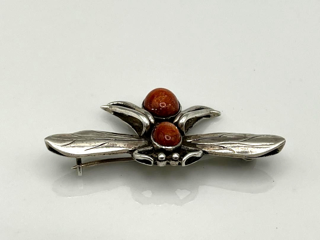 Vintage 925 Sterling Silver Orange Sunstone Fly Bug Insect Brooch Pin Figural 3D