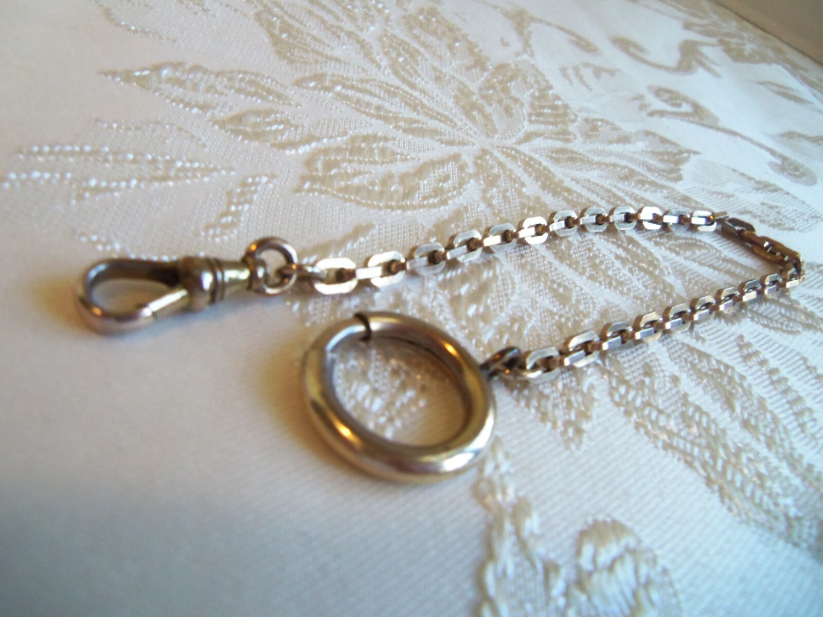 Victorian gold filled watch chain Signed Hadley Made in USA Large ring