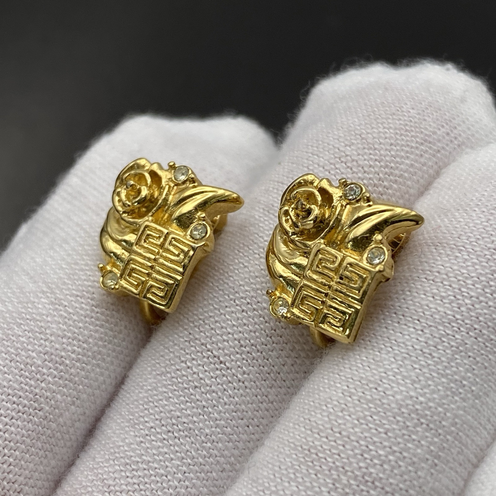 Vintage Givenchy Earrings Signed Flower Gold Tone Logo 80s Every Day Classic