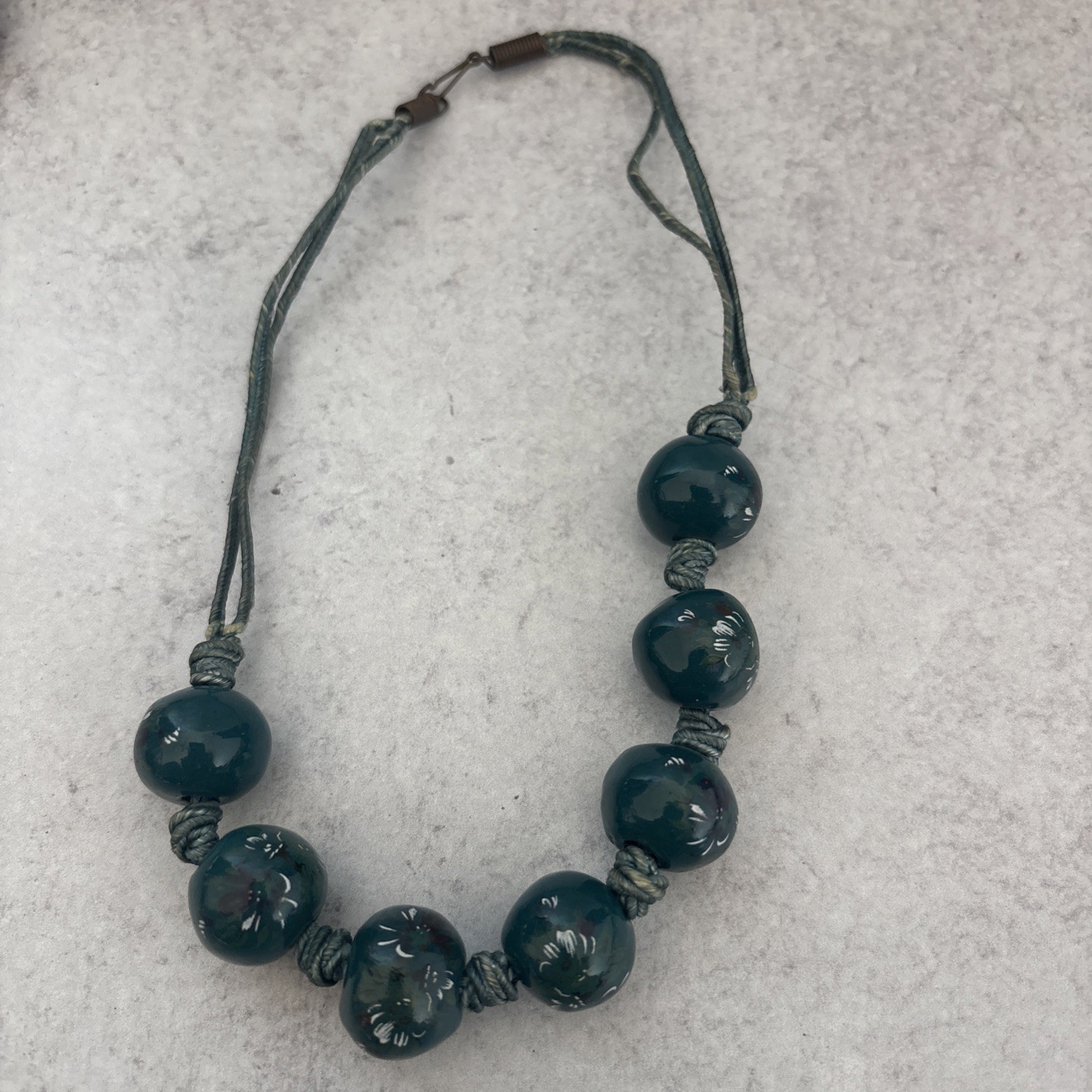 Vintage Greek Ceramic Bead Necklaces On Leather Cord Greece White, Teal, Amber