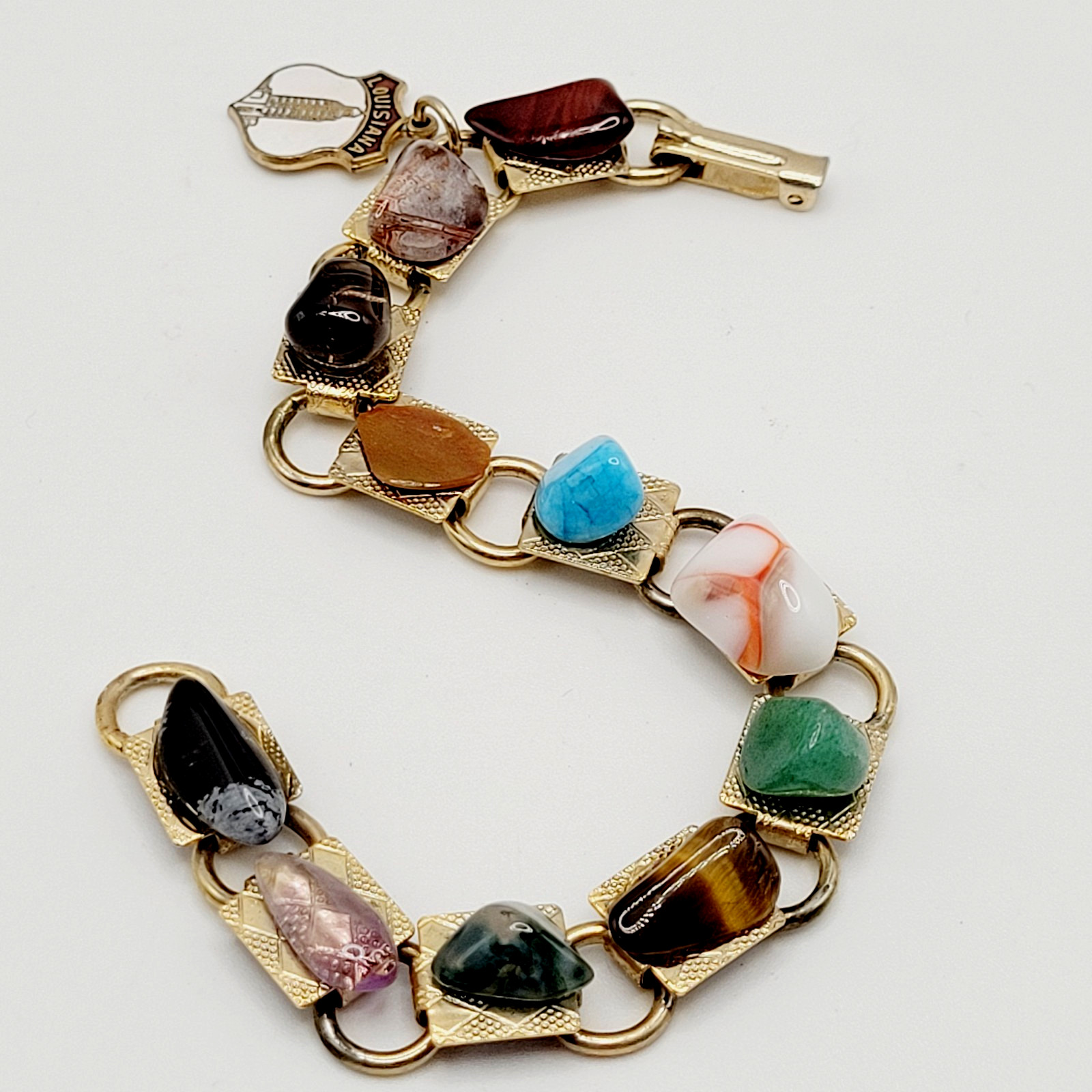 Souvenir Louisiana Natures Worldwide Polished Gemstones Gold Tone Vtg Bracelet