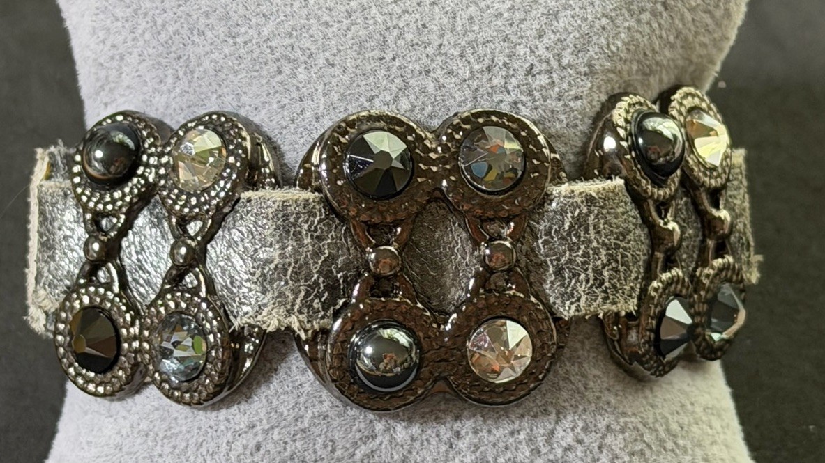 Vtg Leatherock USA Light-Grey Leather Band Bracelet Rhinestone Embellished Boho