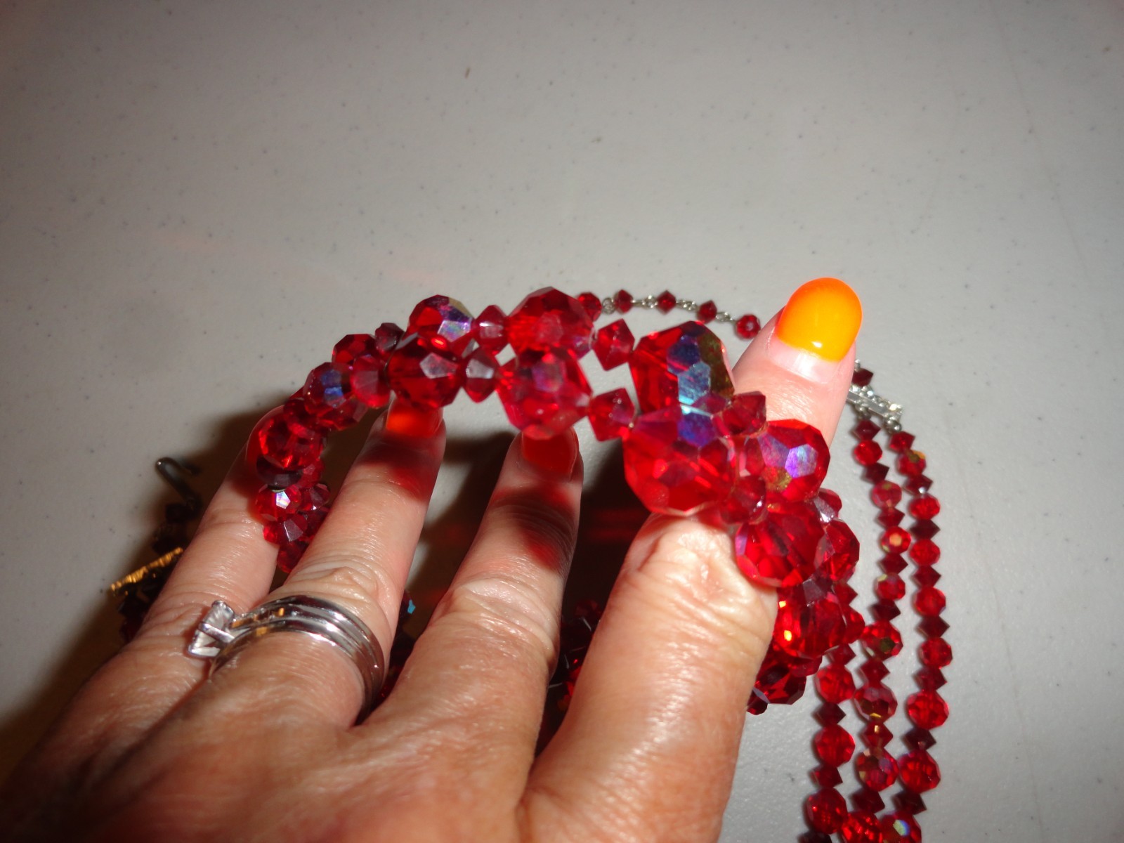 Vintage Parure 3 Strand Red Iridescent Necklace, Clip On Earrings & Bracelet