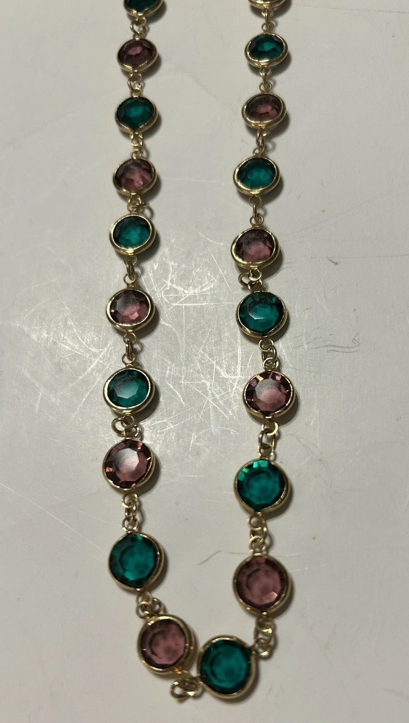 3 Vintage Faceted Austrian Crystal Window Necklaces Bezel Blue, Clear, Multi