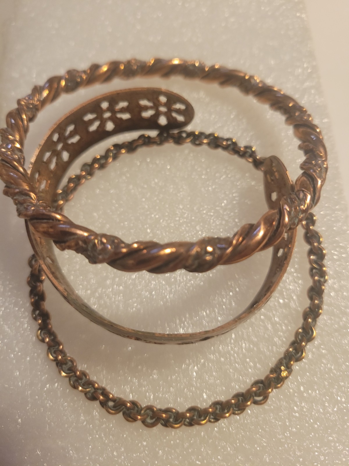 VINTAGE 3 Copper Bangle Bracelet 7 1/2″ To 8″ 3/4″ 1/4″ 1/5″ Wide Twist Floral