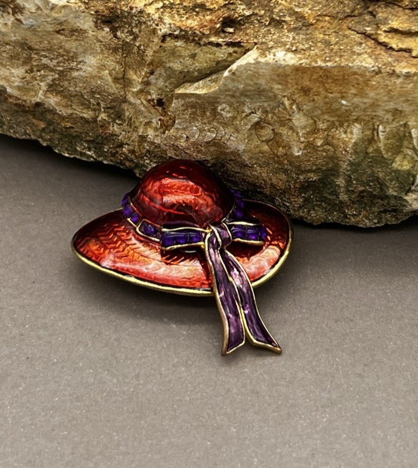 Vintage Red Hat Brooch Red and Purple Enamel Hat Pin Red Hat Society Style