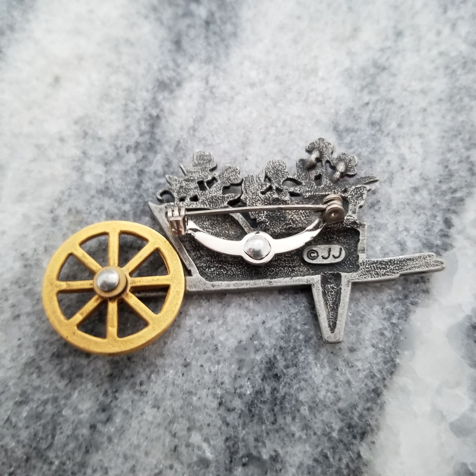 Vintage JJ Wheelbarrow full of Flowers and Moving Wheel, Silver Tone, Estate