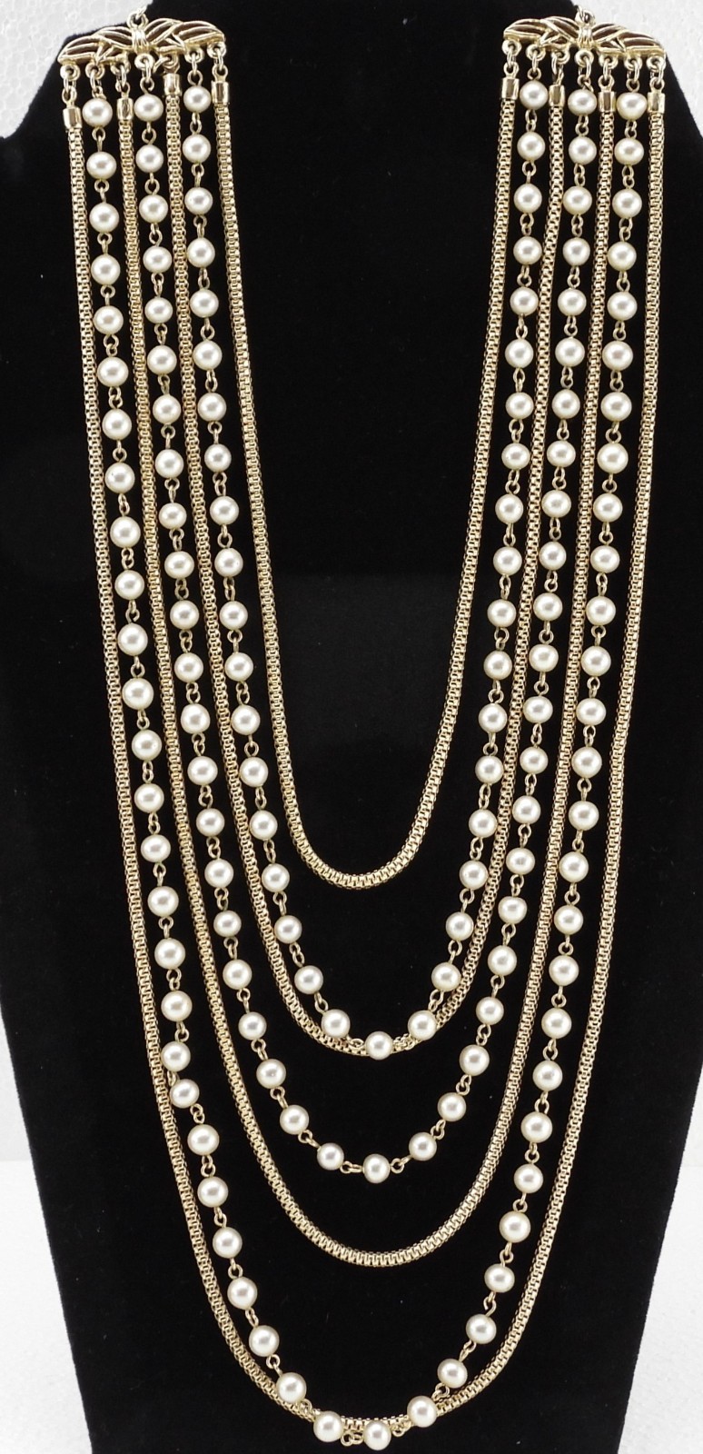 Vtg Signed MARVELLA Multi Strand Gold Tone Faux Pearl Necklace Boho Statement