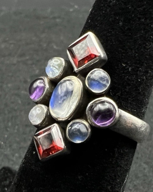 Nicky Butler Sterling Silver Garnet Moonstone Amethyst Cluster Ring Size 5.75
