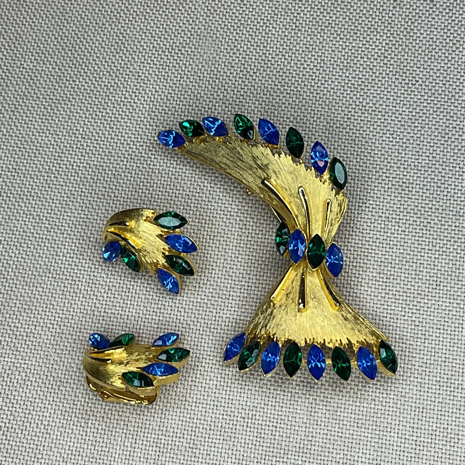 Vintage Signed JJ Brooch Pin Clip Earrings Set Gold Tone Navette Rhinestones