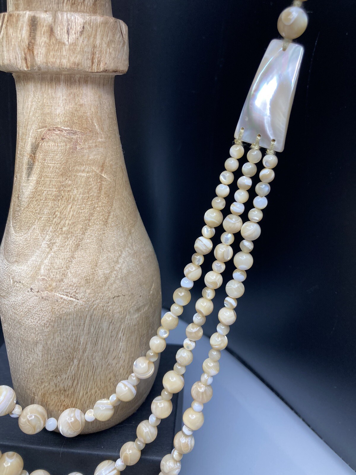 Mother of Pearl Necklace 3 Strand VTG Hand Knotted No Clasp 28.5in 97g 2” Drop