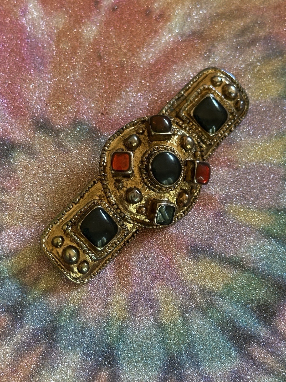VTG French Style (Paris) Etruscan Mogul Bar Brooch/pin Multicolor Enamel,80s