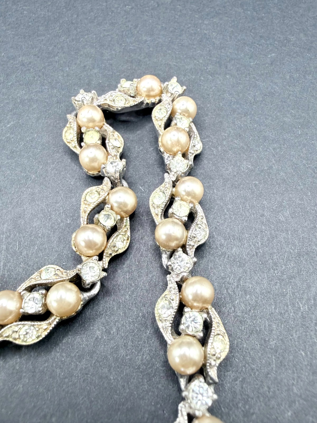 Vintage Bogoff Off White Pearl & Crystal Choker Necklace, Rhodium Plated, 1950s